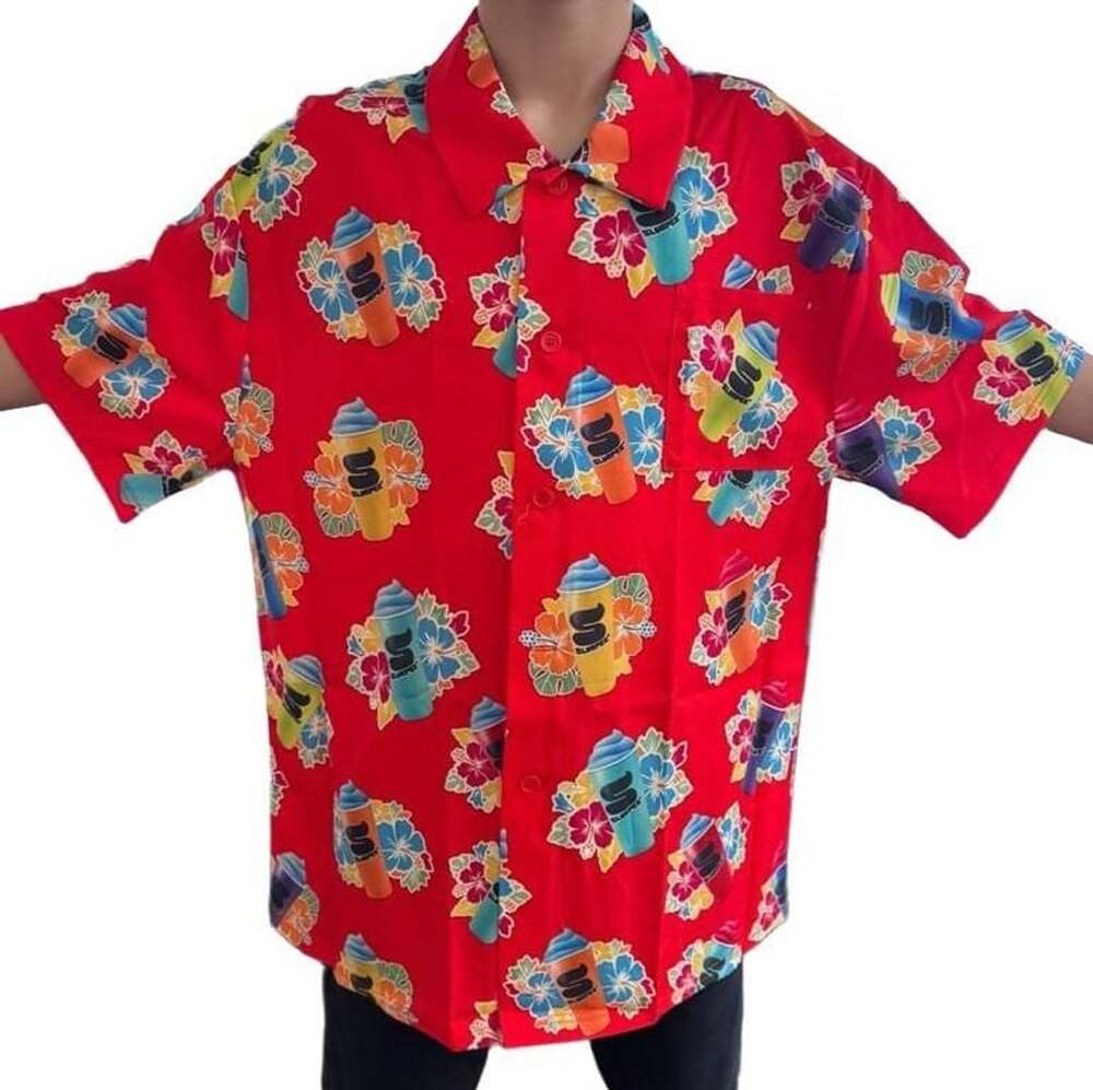 Slurpee Hawaiian Shirt Mens L NWT 7-Eleven Red Floral Tropical Button Up Novelty